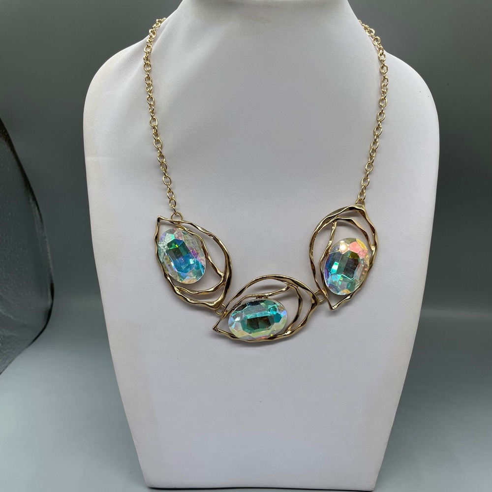 Gold Tone Aurora Borealis Crystal Statement Bib Necklace Iridescent Oval Gem